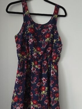 H&M Navy Floral Mini Dress with Red and Green Accents